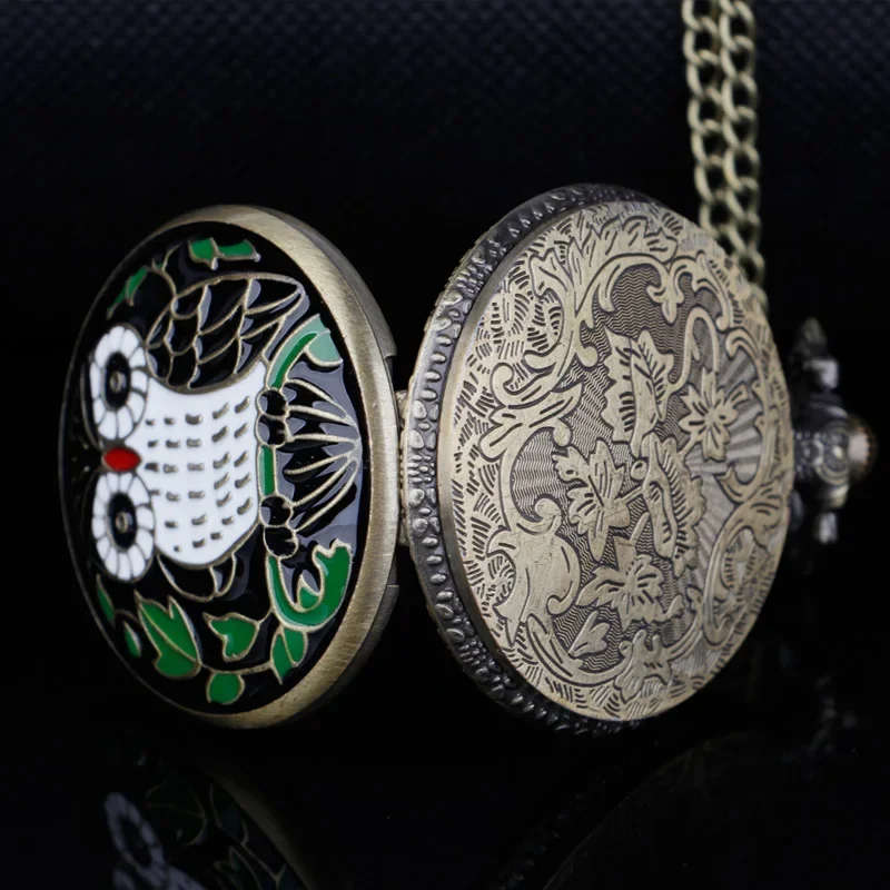 Painted Owl Flip Type Quartz Pocket Watch Bronze Unisex Children Clock Pendant Practical Watch Gift