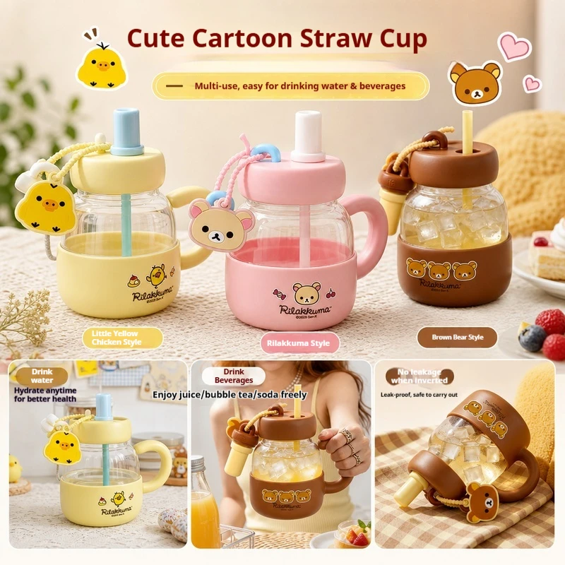 Licensed Rilakkuma Glass Straw Cup With Handle 780ml Large Heat Resistant Cute Mug For Girls Home Hot Cold Daily Beverage Drink