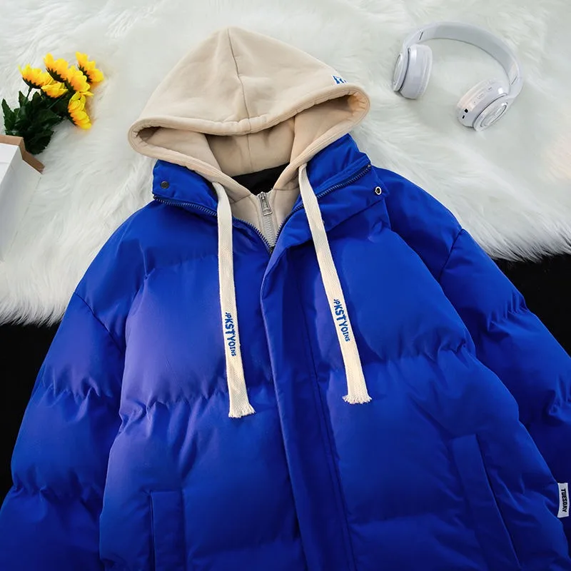 Nuevas chaquetas acolchadas de algodón gruesas de lana de invierno para hombres y mujeres, abrigos cálidos para parejas de moda con bloques de Color y cuello levantado