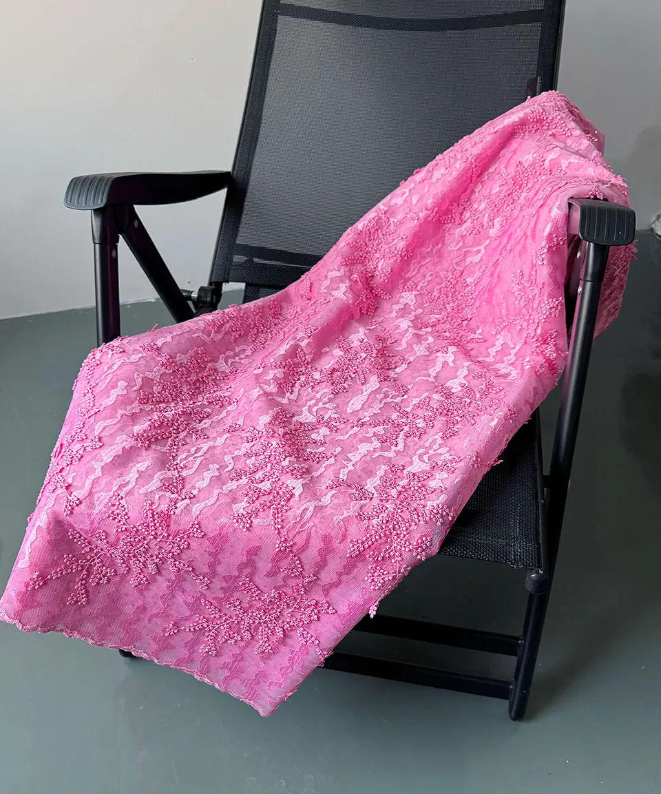 Plain Pink Textured African French Net Lace with Stones Modern Traditional inspired Mesh Fabric for Aso Ebi
