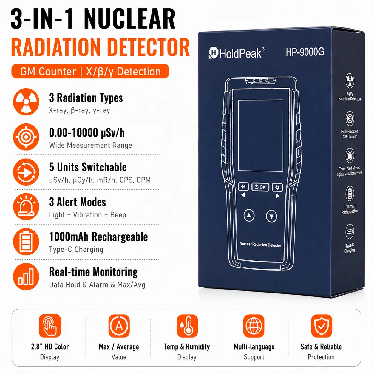 Nuclear Radiation Detector Geiger Counter X Ray Gamma Beta Tester 10000μSv/h 3 Alarm for Home Office Industry