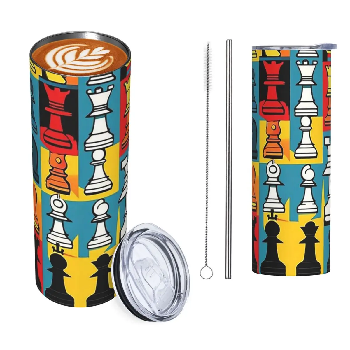 Cartoon Chess Pattern Stainless Steel Tumbler Vacuum Insulated Mugs Thermal Cold Cup Straw With Lid 20oz