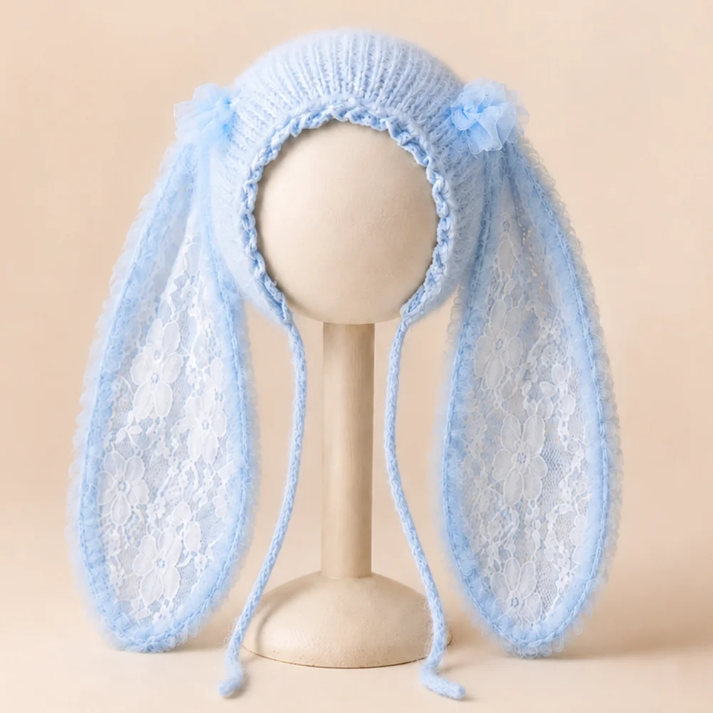 Sweet Lace Ruffle Newborn Bunny Hat with Long Ears for Photography Props Two Bows Knitted Baby Rabbit Bonnet Photo Accessories image 6