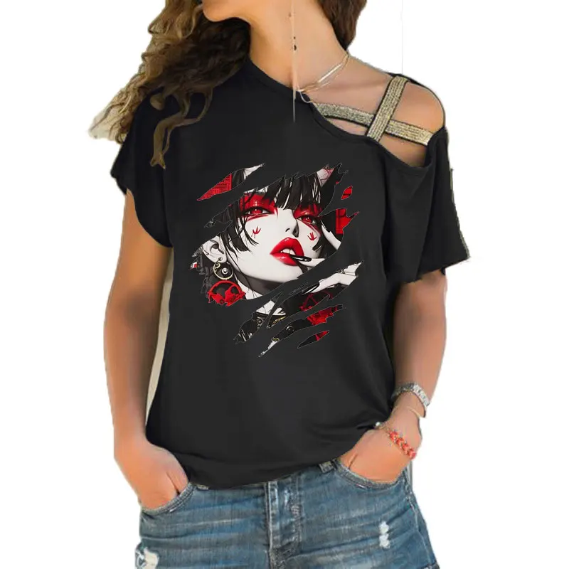 Women Loose Slash Neck T Shirt Anime Demon Girl Torn Style Printing Tee T-shirt Summer Casual Irregular Skew Cross Bandage Tops
