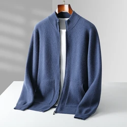 Autumn and winter new 100% pure wool men's stand-up cardigan leisure thickened solid color knitted cashmere sweater coat.