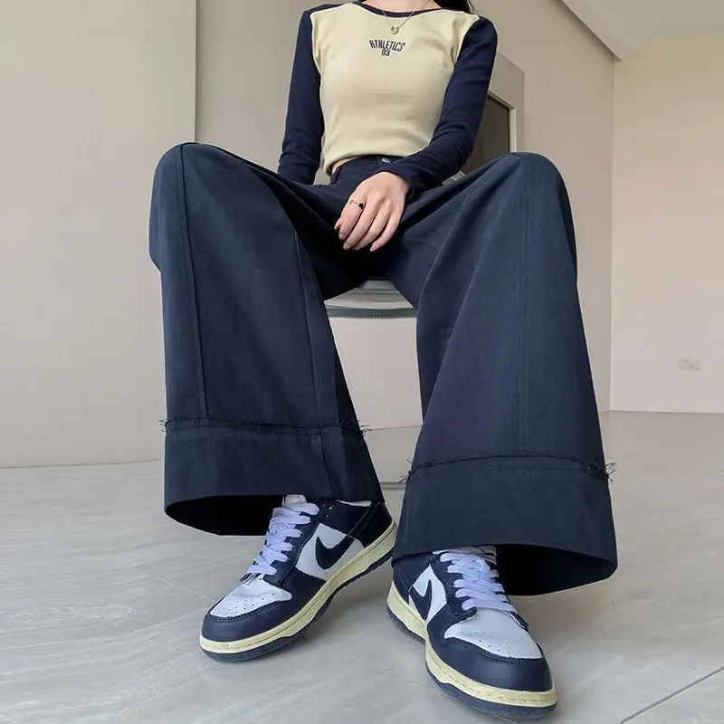 Wash water pure cotton wide leg pants autumn Korean version new high waisted slim fit loose straight leg casual pants