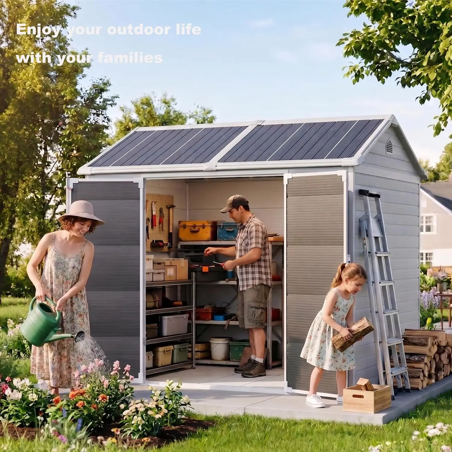Resin Outdoor Storage Shed 8x6x7 FT with Floor & 6 Adjustable Windows, Customized