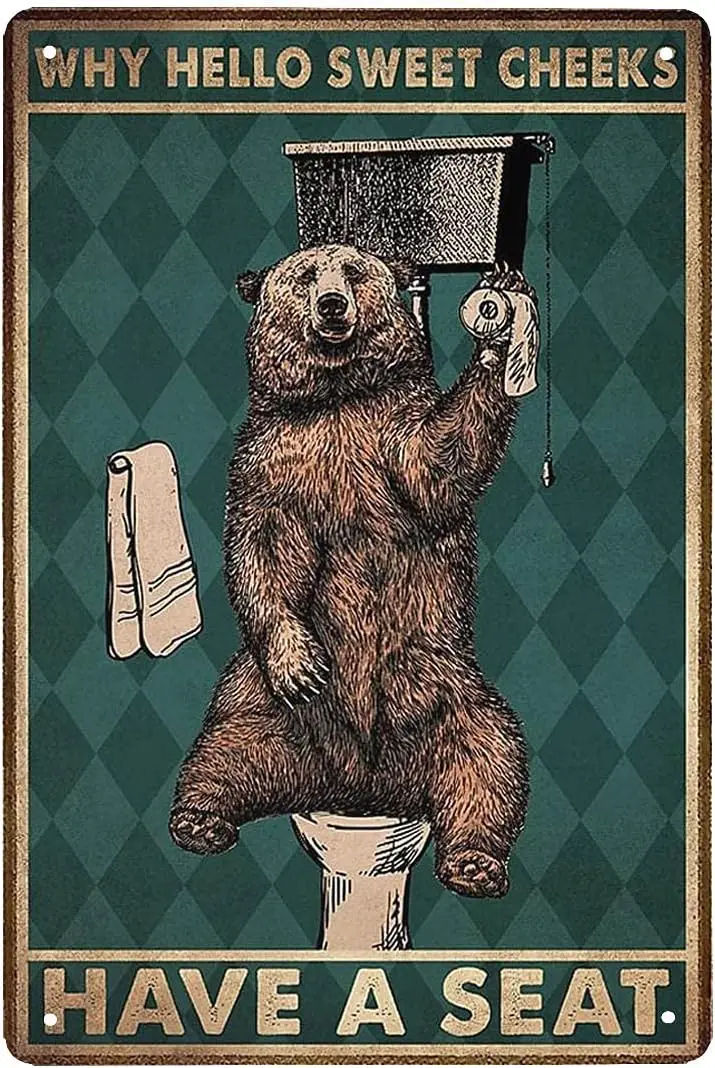 Bear Hello Sweet Cheeks Take A Vintage tin Sign, Bear Vintage tin Sign, Bear Bathroom tin Sign, Bathroom Wall Decor, Housew