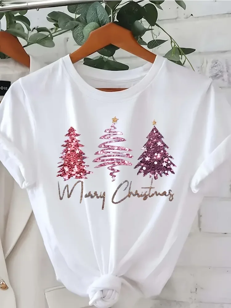 Christmas themed printed Short Sleeve T-Shirt with Three Christmas Fashion Print Women's Top Casual Wear summer fashion Clothing