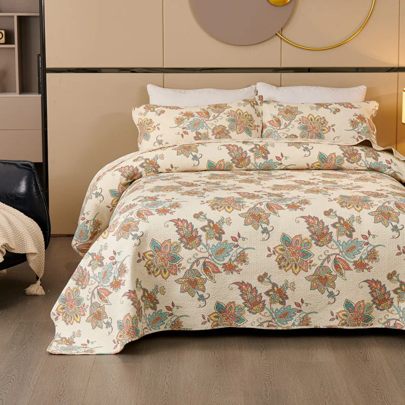 CHAUSUB 3PCS Printed Cotton Quilt Set Lightweight Summer Bedspread - Queen Size Close-Quilted Bed Cover Comforter Coverlet