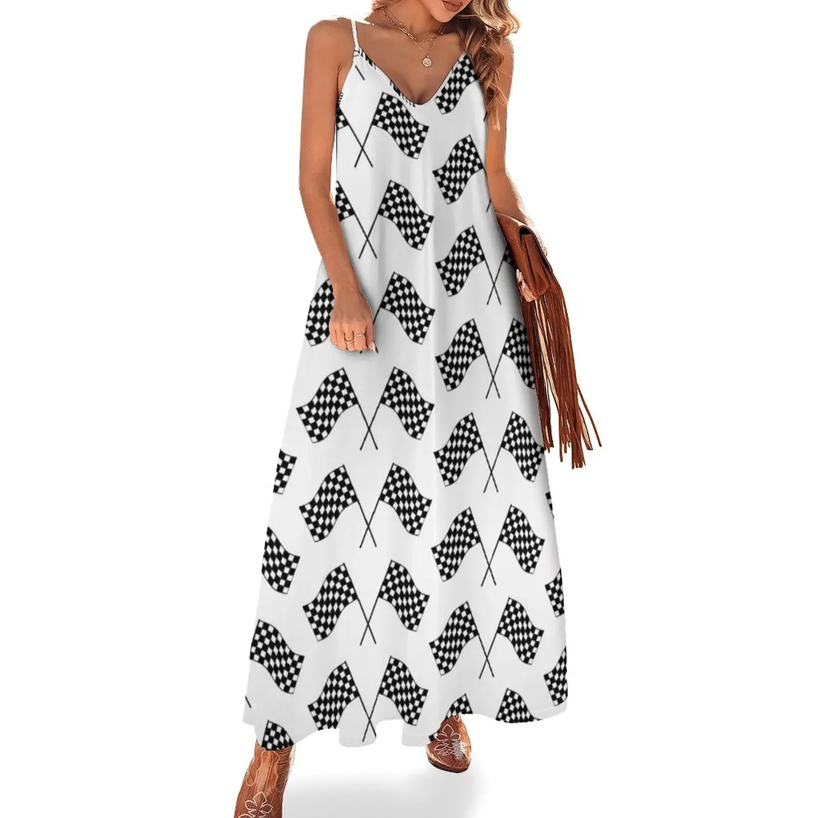 Checkered Flags Sleeveless Dress Summer skirt women clothes elegant chic women dresses promotion long sleeve dress