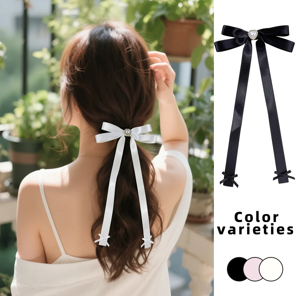 30pcs Satin Ribbon Hair Bow Clips 5 Inch Super Long Tassel Pearl Heart Barrettes Girls Women Hairpins Kids Hairgrips Headwear