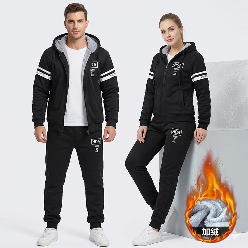 New Fleece Men Winter Set Fashion Casual Tracksuit Thick Sweatshirt+Pants Sportswear Suit Men Winter Warm Hooded Outerwear Suit