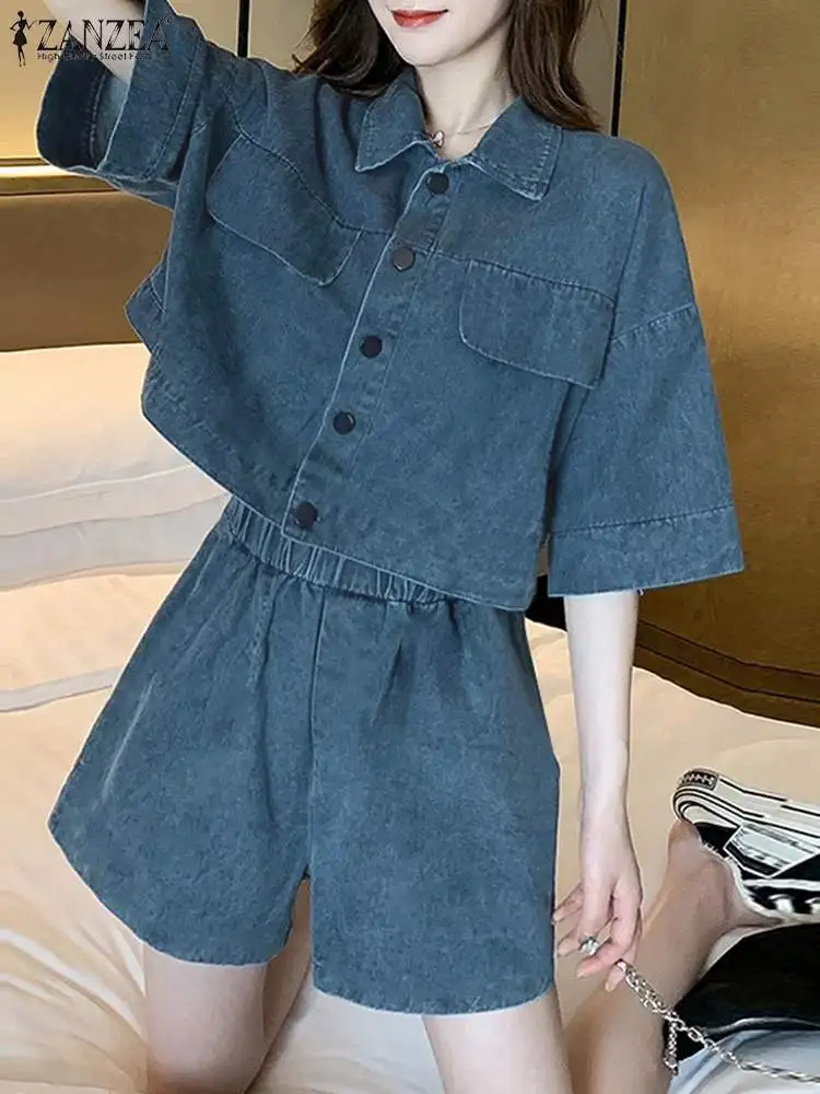 ZANZEA Vintage Denim 2PCS Pant Sets 2024 Summer Women Fashion Short Sleeve Lapel Neck Shirt Shorts Set Korean Blue Shorts Suits