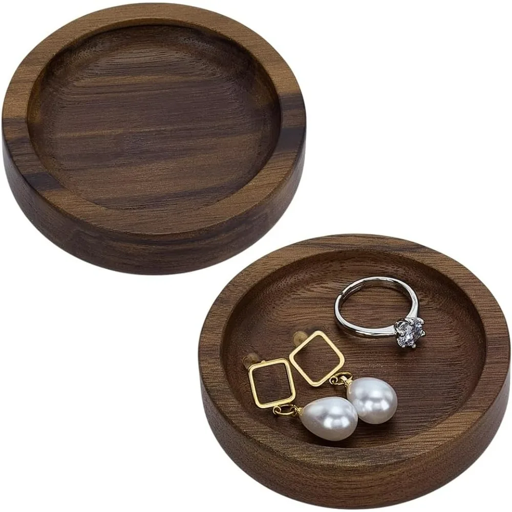 

2 PCS Walnut Wood Ring Trays 2.76inch Diameter Flat Round Jewelry Plates Coconut Brown Trinket Dish Tray for Rings Necklaces