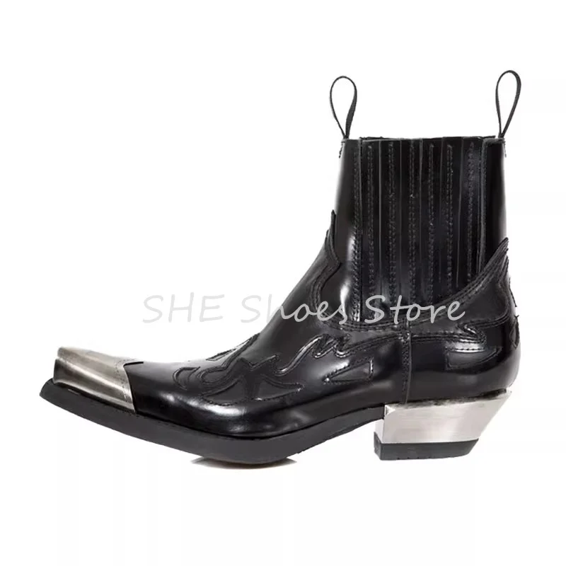 

Punk Style Black Leather Women Chelsea Boots Metal Toe Chunky Heel Rock Motorcycle Boots Ladies Shoes Western Cowboys Boots