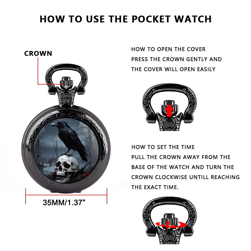 Vintage Skull Crow Pattern Quartz Pocket Watch Fashion Necklace Pendant Chain Jewelry Gift Steampunk Clock for Men Women Gifts