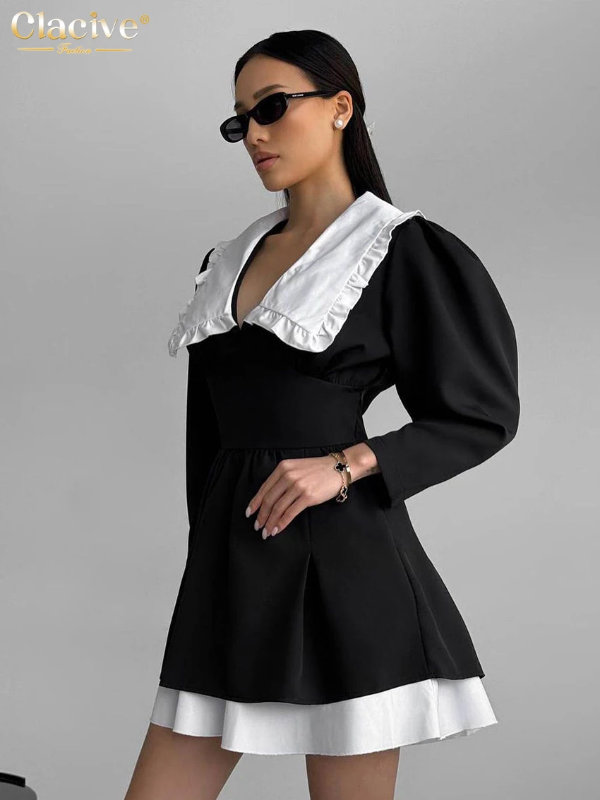 Clacive Fashion Black Patchwork Women\'s Dress Elegant Lapel Long Sleeve Office Lady Mini Dresses Casual High Waist Female Dress