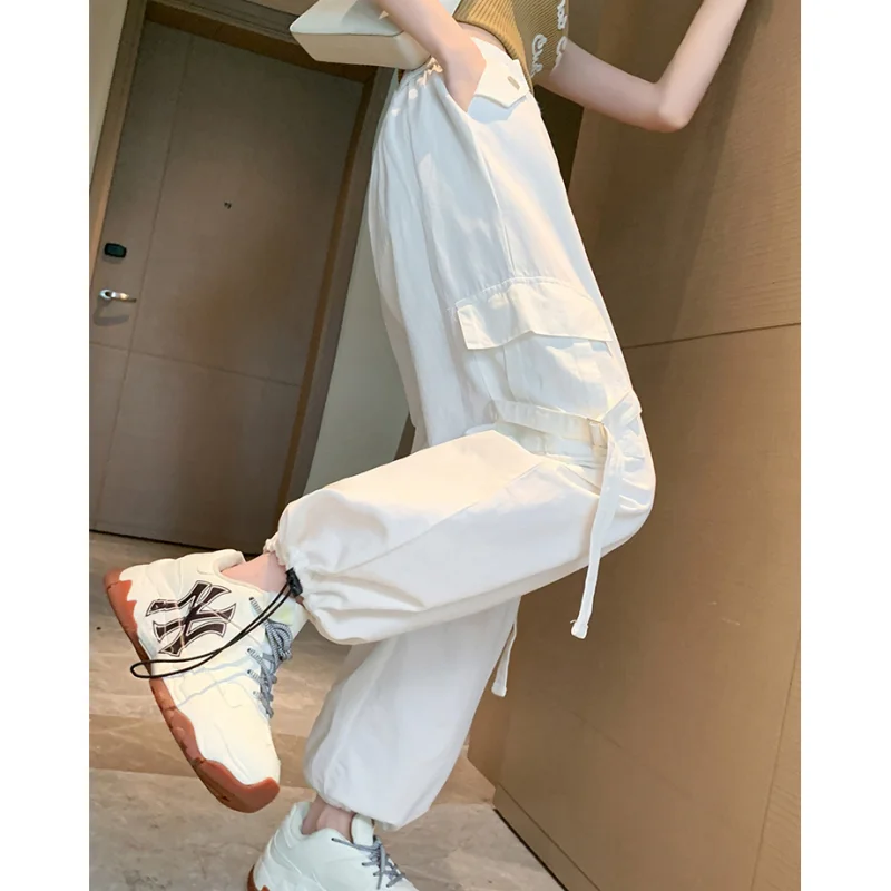 النساء قيعان رمادي Vintage السراويل البضائع رقيقة عالية الخصر واسعة الساق مستقيم جيب السراويل غير رسمية فضفاض التطهير بنطلون السيدات الصيف #4