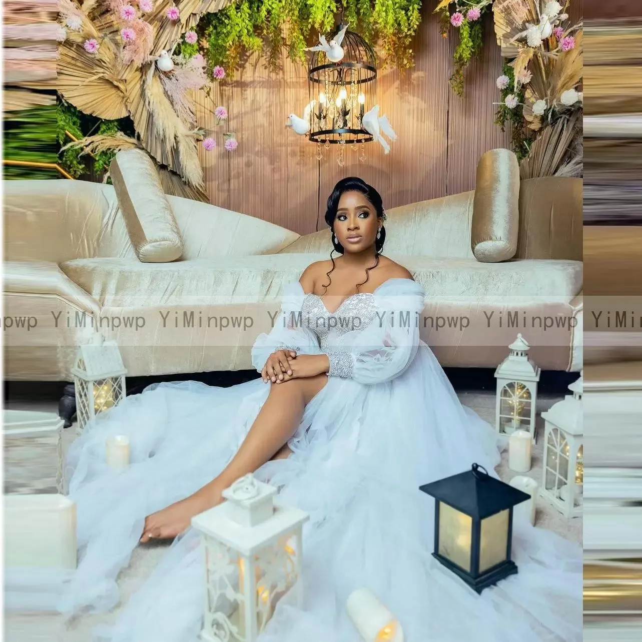 Rhinestone White Bride Robes for Wedding Off Shoulder Long Sleeves Side Split A Line Tulle Africa Bridal Shower Dress Customized