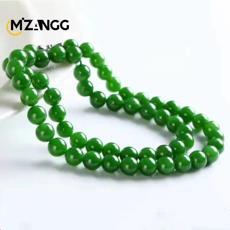 Natural Chinese Green Jade Necklace Hetian Jade Jasper Spinach Green Round Beads Sweater Chain Luxury Charm Jewelry Lady\'s Gift