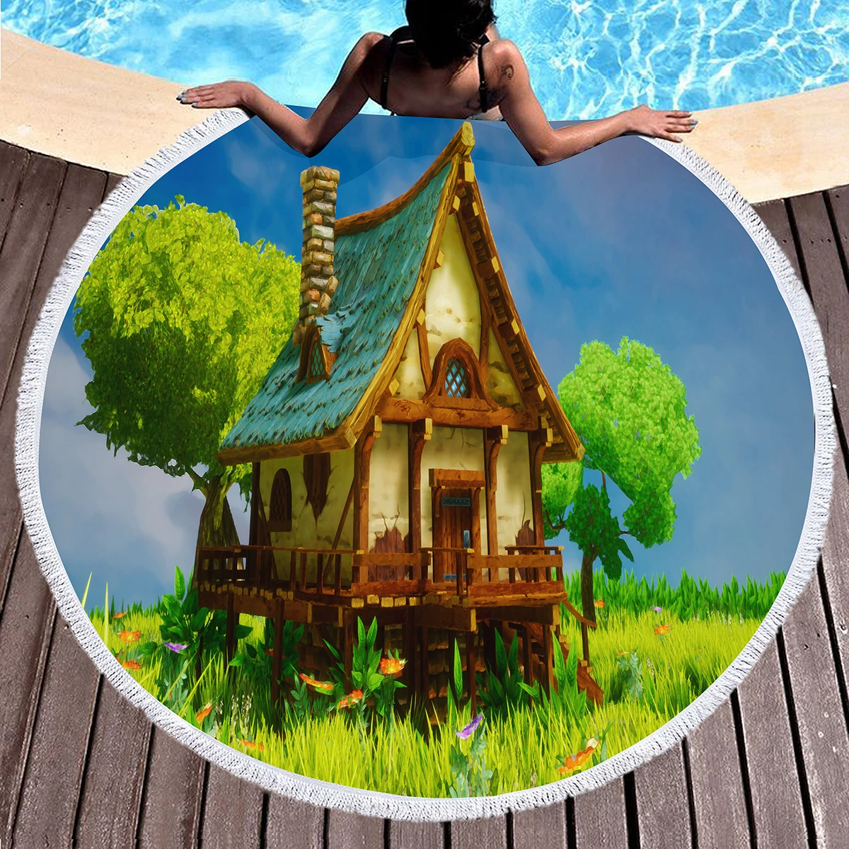 منشفة الشاطئ المستديرة، الكرتون خرافة التحوط منزل الرمال مقاومة شال بطانية الشاطئ، ماصة سريعة الجافة منشفة حمام السباحة سجادة للرحلات #5