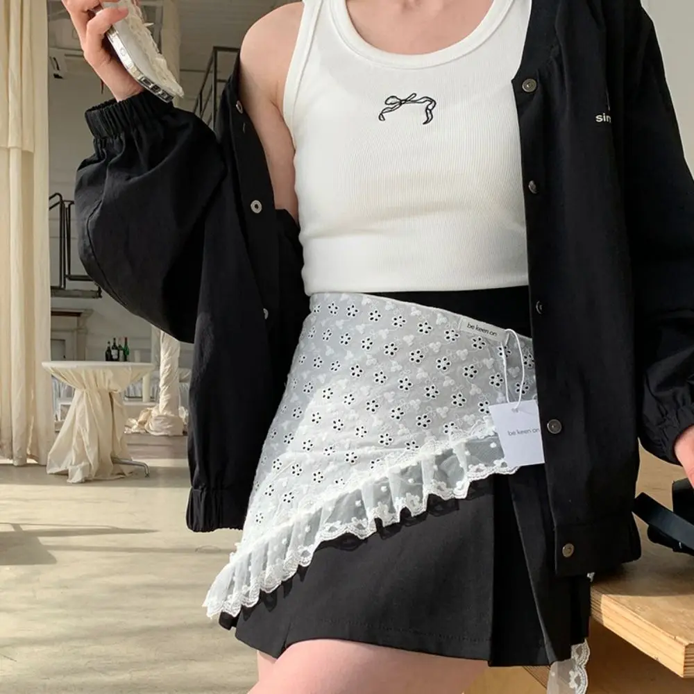 Rok Mini Renda Manis Y2K Rok Kasa Pinggang Tinggi Bunga Rok Tepi Ruffle Bertali Gaya Korea Wanita