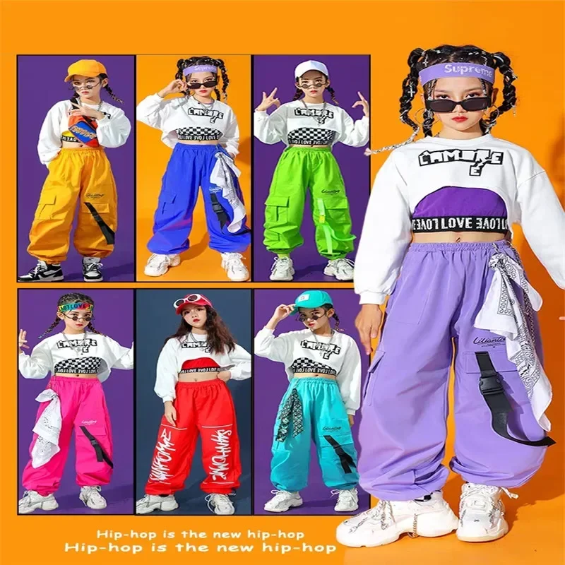 

Комплекты одежды для девочек: яркие брюки карго, укороченный топ, однотонные джоггеры, для хип-хопа, уличной моды, чирлидинга, джазовых танцев и выступлений