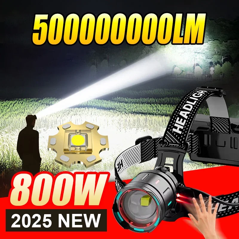 800W LED Senson Headlamp Flashlight White Laser Wick with fluoresce Zoom Waterproof Head Lamp 9900000000LM Head light for camp