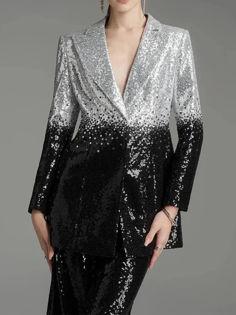 TWOTWINSTYLE ample épissé paillettes deux pièces ensembles pour femmes revers manches longues Blazer taille haute Blace pantalon ensemble de mode femme