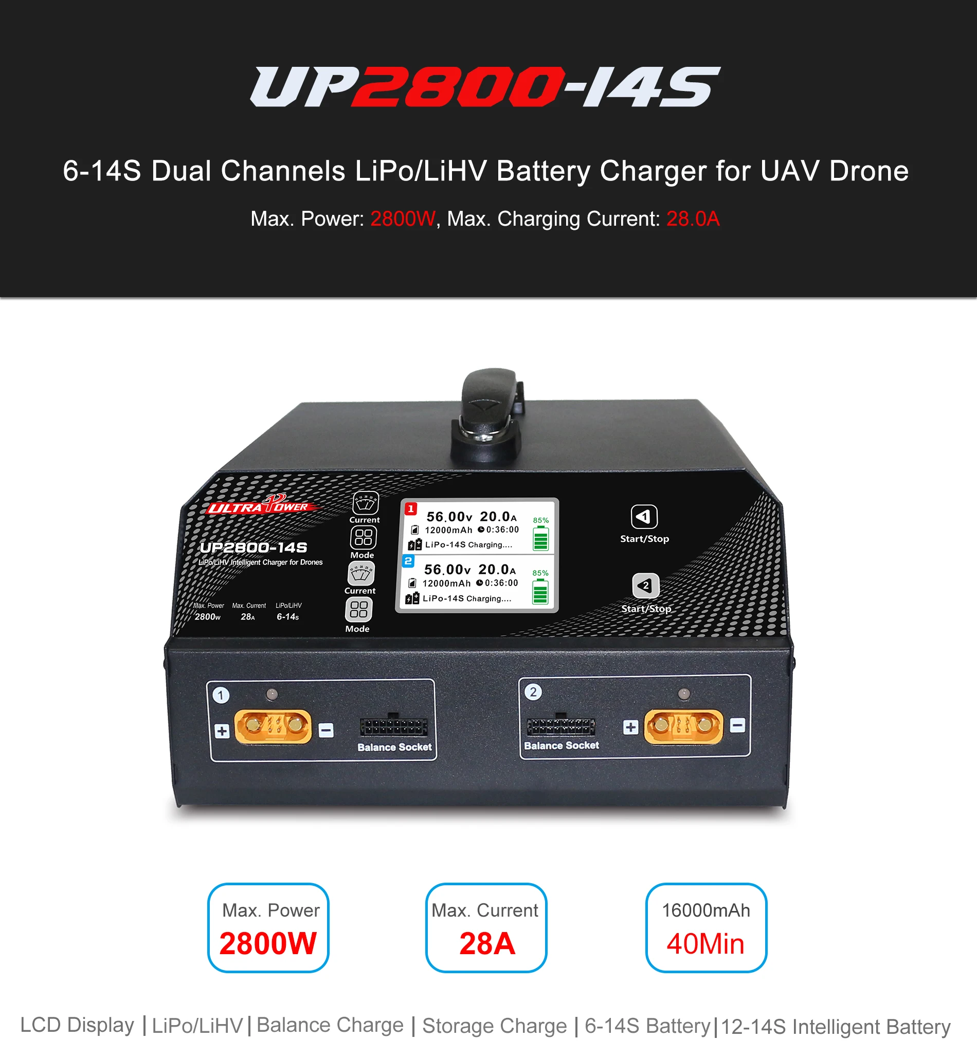 

ULTRA POWER UP2800-14S 2X1400W 28A 6-14S LiPo/LiHV Battery UAV Drone Charger