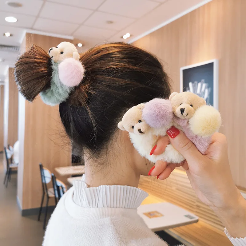 Cartoon Bear Furry Ball Hair Rope Antumn Winter Warm Cute Scrunchie Elastic Ponytail Holder Women Girls Hair Accessories Gift