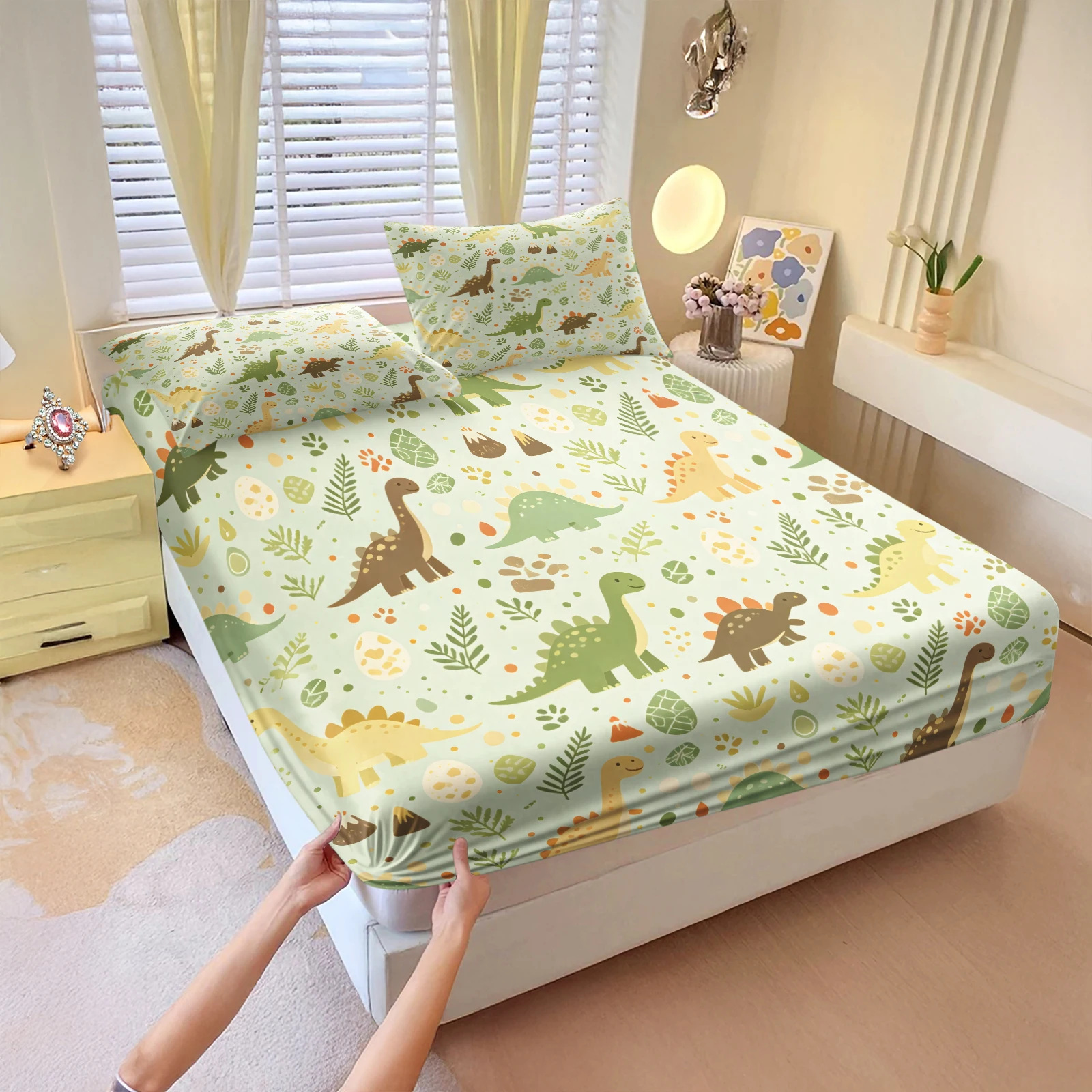 Cute Dinosaur Fitted Sheet Set Light Green Cartoon Dino Dinosaur Leaf Print Bed Sheet with Deep Pocket Elastic Mattress Cover