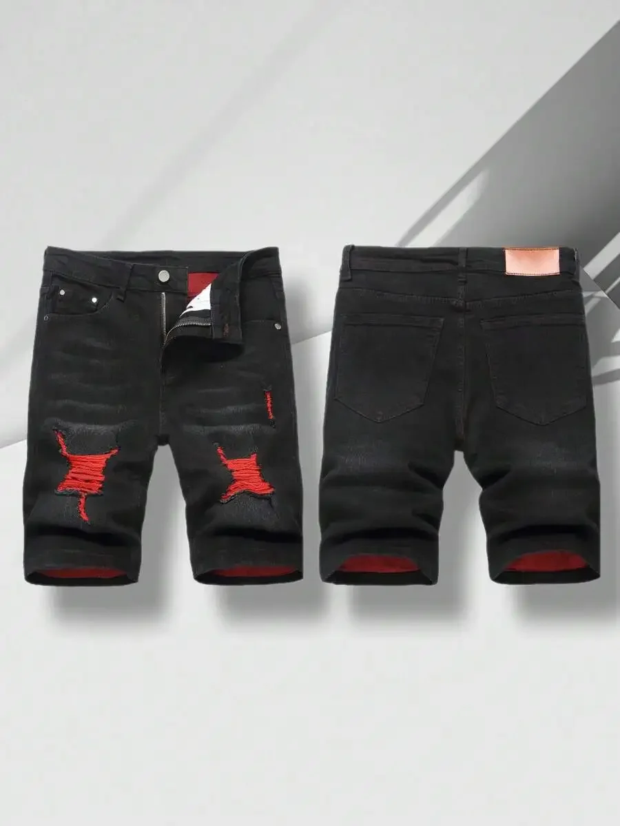 

Mens Slim Fit Ripped Denim Shorts With Red Embroidery Elastic Waist Casual Summer Shorts