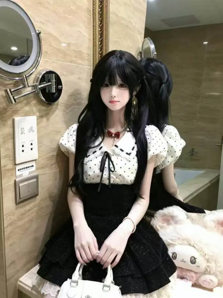 

Princess Sleeve Short Sleeve Doll Collar Women's Summer New Style Shirt And Strap Cake Skirt Two Piece Set Elegant Feeling