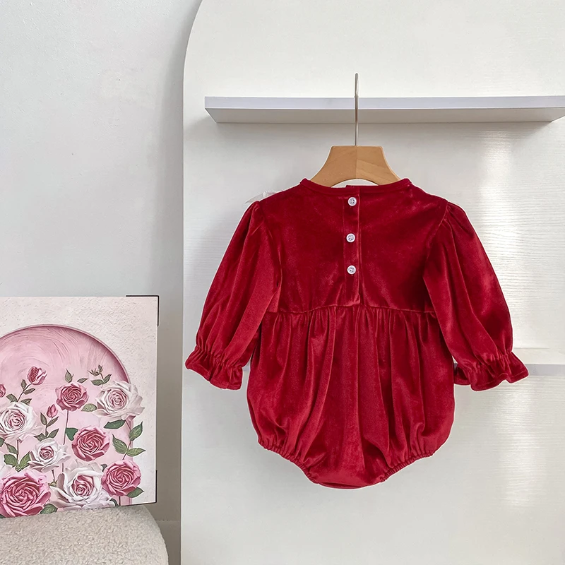 2026 Baby Mädchen Roter Samt-Strampler Langarm Weißer Spitzen-Rüschen-Body Neugeborenen Prinzessin Party Weihnachtsoutfit 0-24M – Detail 1
