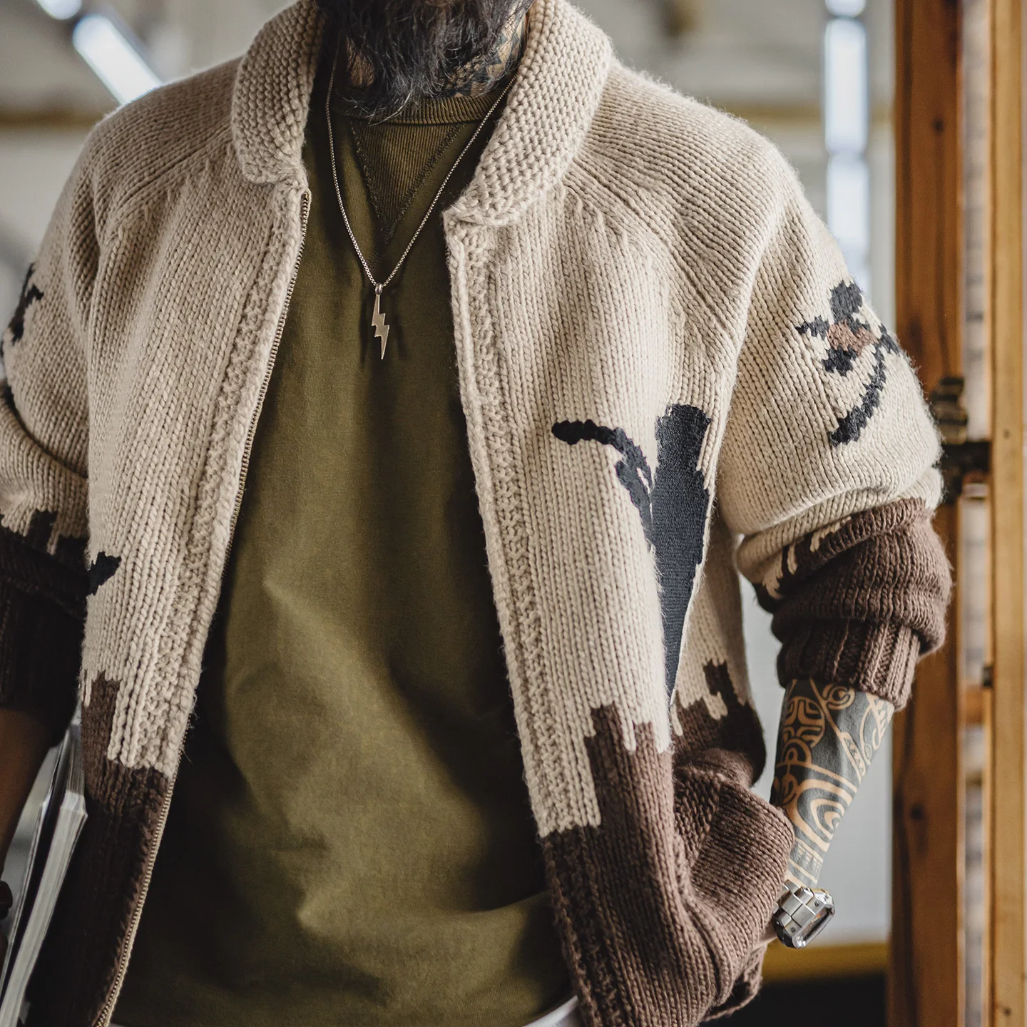 Men's Retro Embroidered Zip-Up Hunting Cardigan - Khaki
