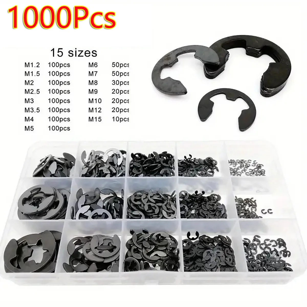 

1000 шт. E-зажимное кольцо, стопорное кольцо, шайба, набор шайб, коробка от M1,2 до M15, черное углеродистая сталь, внешнее стопорное кольцо для вала