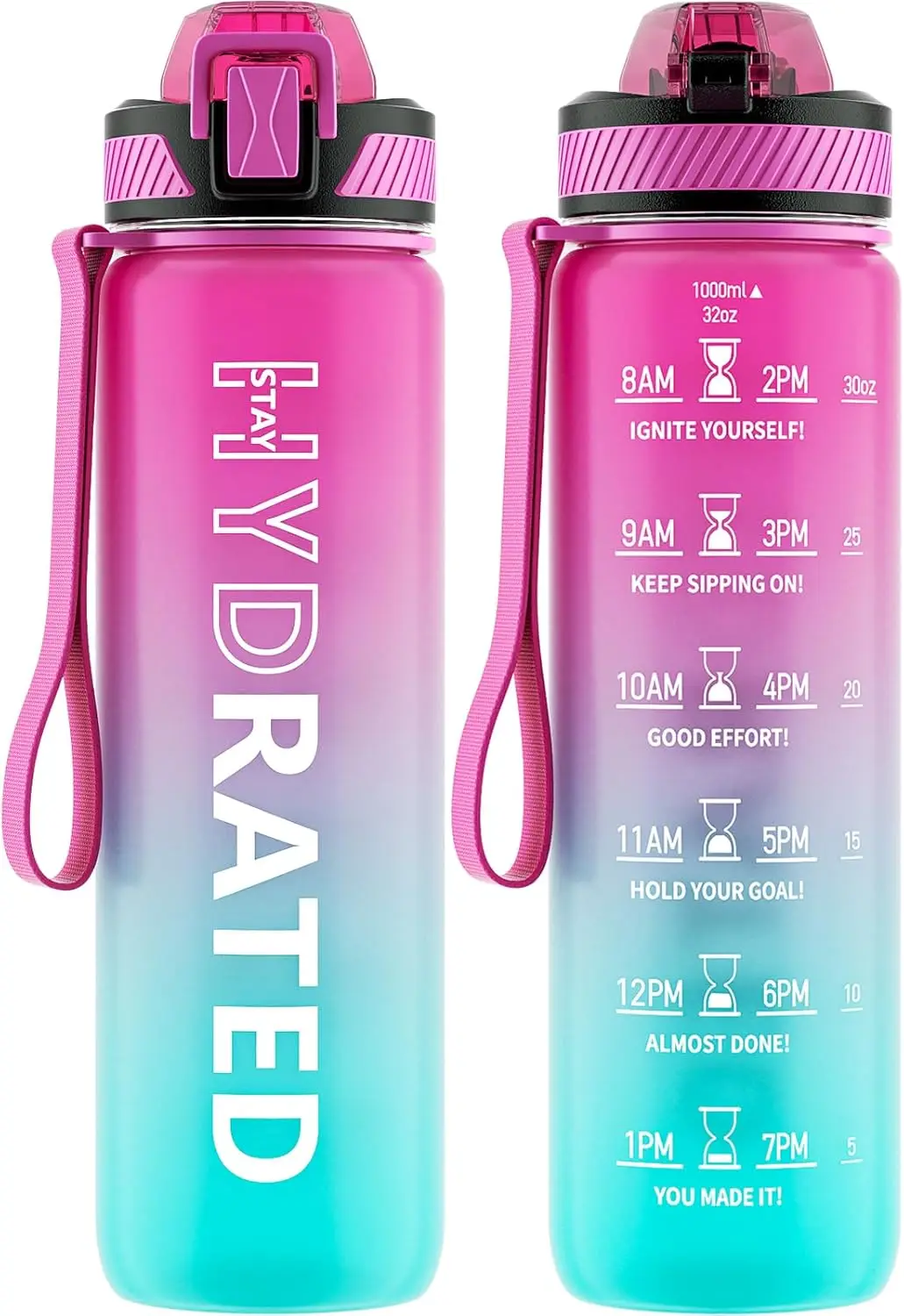 

Water Bottle with Straw, 32oz Motivational Water Bottles with Time Marker, 1L Sports Water Bottle with Carry Strap LeakProof for