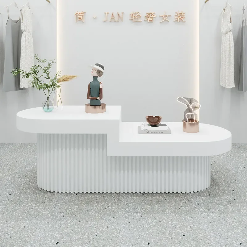 White Waterfall Counter Bar Display Table for Clothing Shoe Bag Store Retail Product Showcase Cabinet