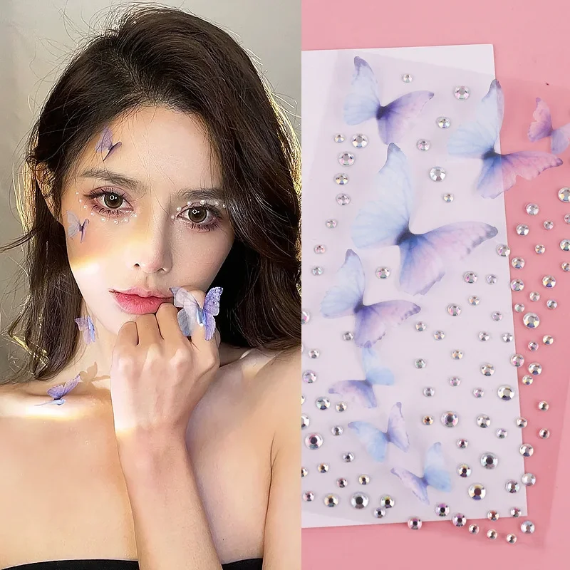 1 Sheet Gauze Fabric Butterfly Aurora Colorful Three-dimensional Butterfly Face Paste Stage Makeup Acrylic Diamond Stickers