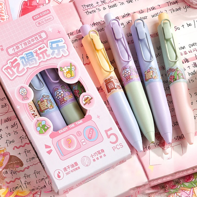 Kawaii Bonito Criativo Chubby Gel Pen, Desenhos Animados Pressionando, Papelaria Estética Neutra, Material Escolar, Presentes, 4Pcs