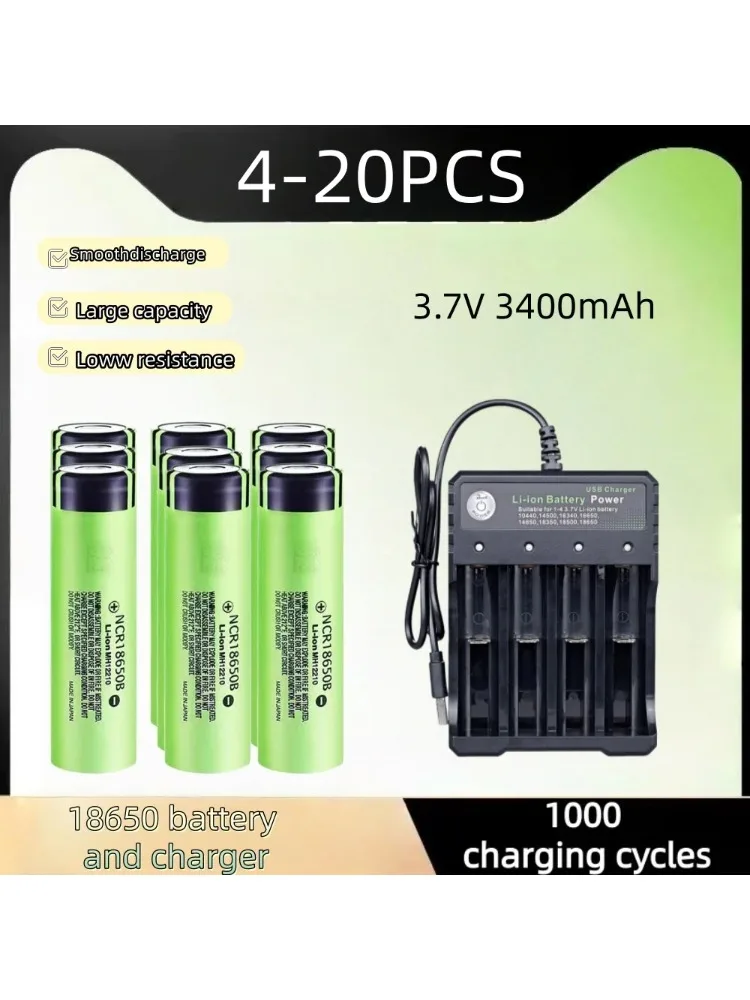 4-20 SZT. Akumulator Litowy 18650 3.7V 3400mAh 34B Do Lampy Latarki Ładowarka USB Oryginalny Nowy NCR18650B — zdjęcie produktu 7