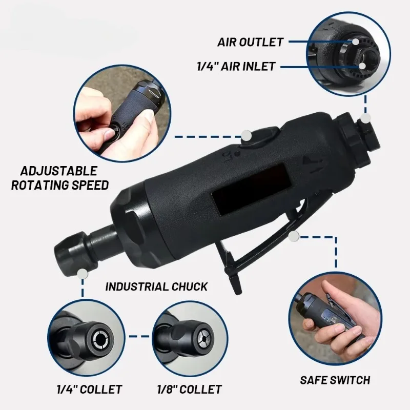 1/4" Air Die Grinder Kit with 6mm/3mm Collets Grinding Stones Set Made Pneumatic Tool LEMATEC Brand 0.5 HP