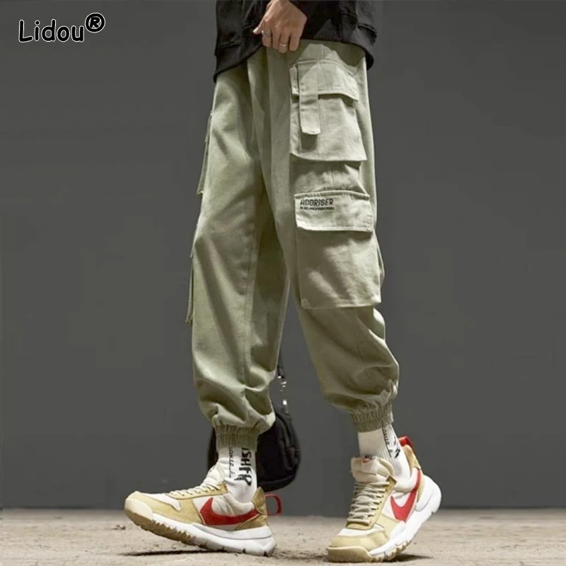 2023 New Spring and Autumn Casual Loose Versatile and Handsome High Waist Lace Up Strap Oversized Multi Pocket Workwear Pants