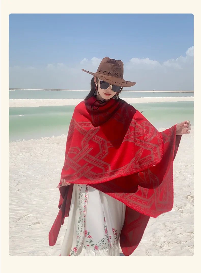 Poncho Cape Autumn and Winter Scarves Women's Travel Shawl Imitation Cashmere European and American Ethnic Style Split Cloak