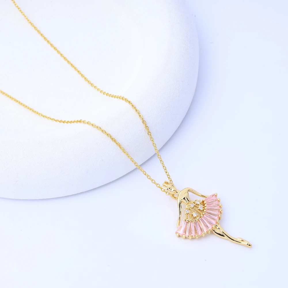 Elegant Ballet Girl Angel Pendant Necklace, 18K Gold Plated with Pink Zircon, Stylish Jewelry Decoration for Women
