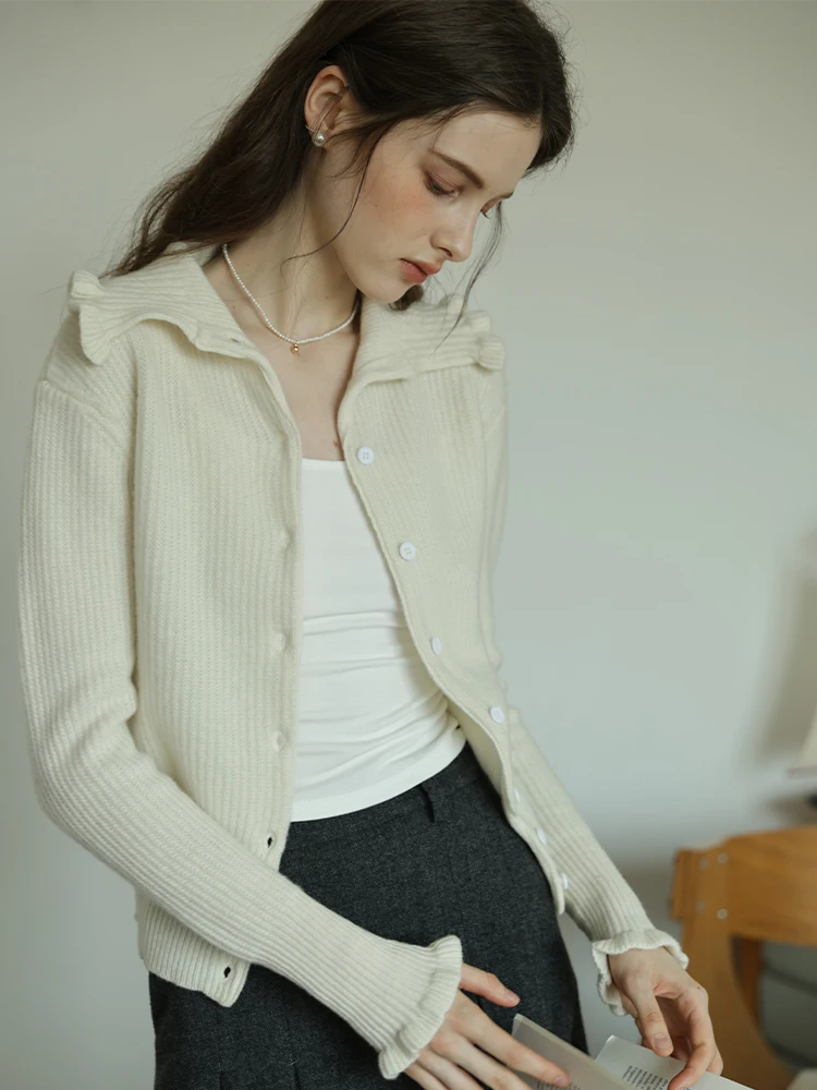 

00 шерстяной романтический вязаный открытый кардиган с кружевным воротником, женский осенне-зимний универсальный белый верхний пальто, винтажный прямой крой