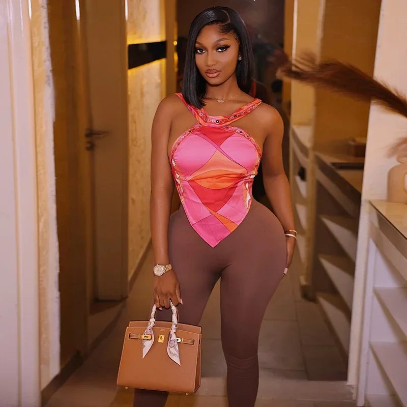 Women 2 Piece Outfit Sexy Halter Crop Top Brown High Waist Capri Leggings Bodycon Matching Set Streetwear Club Suits