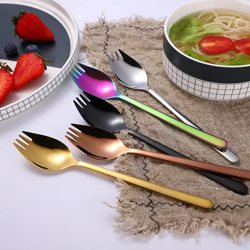 Fruit Fork Spoon Stainless Steel Ice Cream Salad Dessert Tableware Cake Snack Salad Fork Spoon 2 In 1 Colorful Bento Accessories